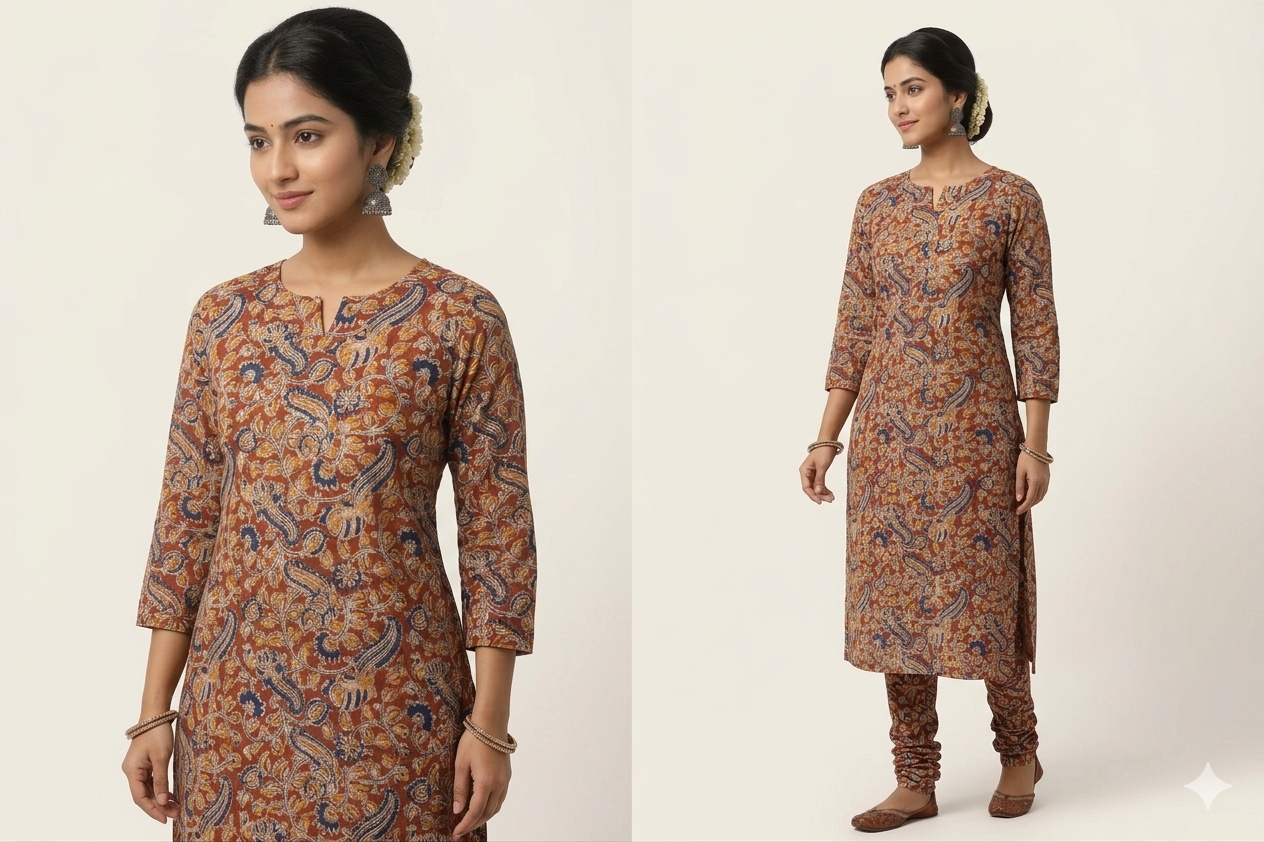 Rustic Floral Kalamkari Cotton Churidar Material – 44" Width | Top Fabric 2.5 Mtr