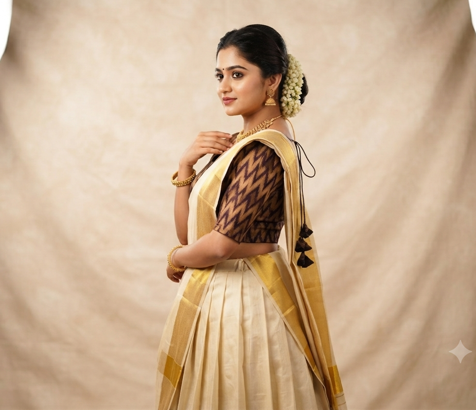 Women's Chanderi Silk Front Open Readymade Blouse –& Zigzag Design | Padded | Saree &Onam Midi Blouse