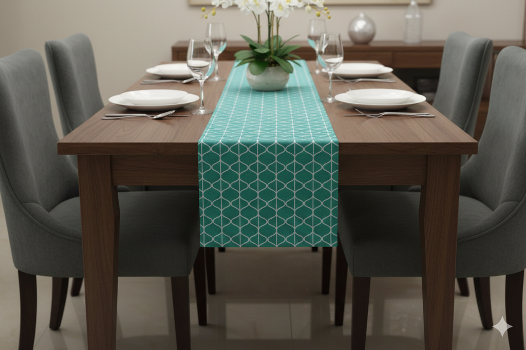 Teal Geometric Printed Table Runner – 185 x 30 cm