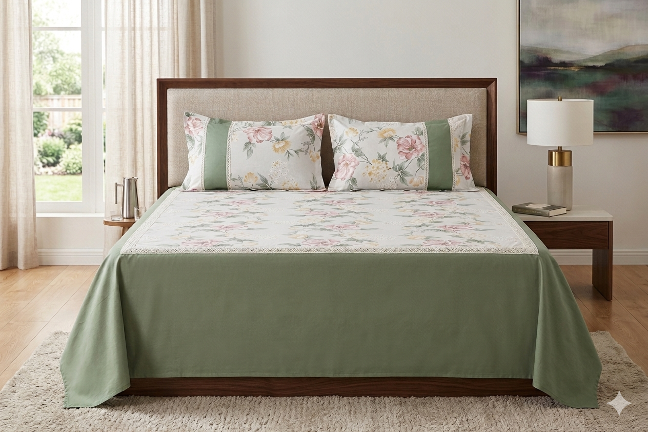 Sage Green Floral King Size Bedspread with Pillow Covers | Elegant Botanical Bed Cover