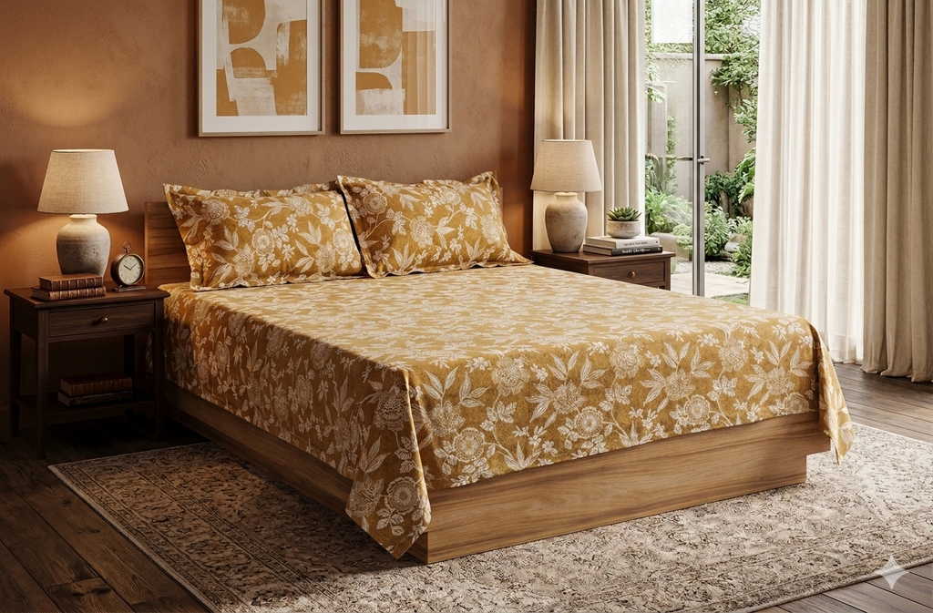 Elegant Floral Queen Size Bedsheet with Pillow Covers – Soft Cotton Blend | Brown & White