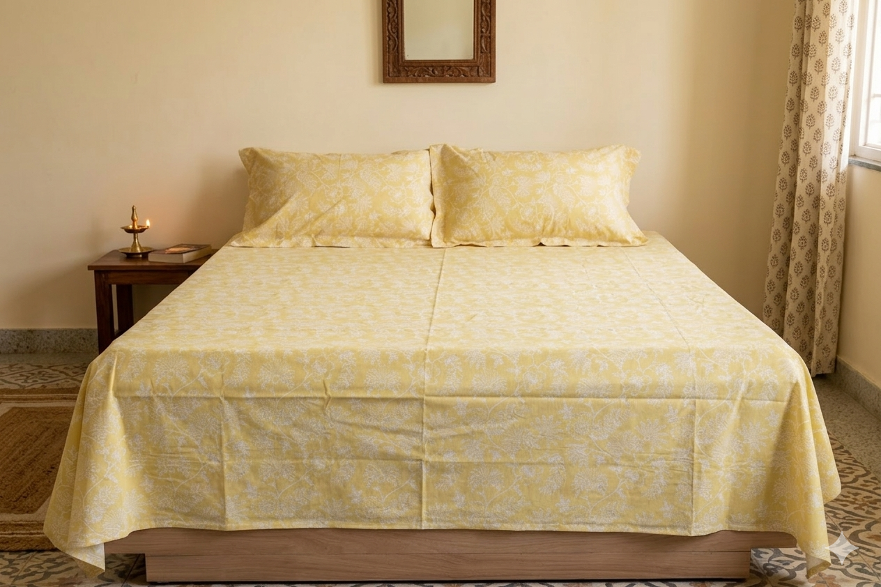 Yellow Floral Printed Queen Size Bedsheet with 2 Pillow Covers – Elegant Bedding Set