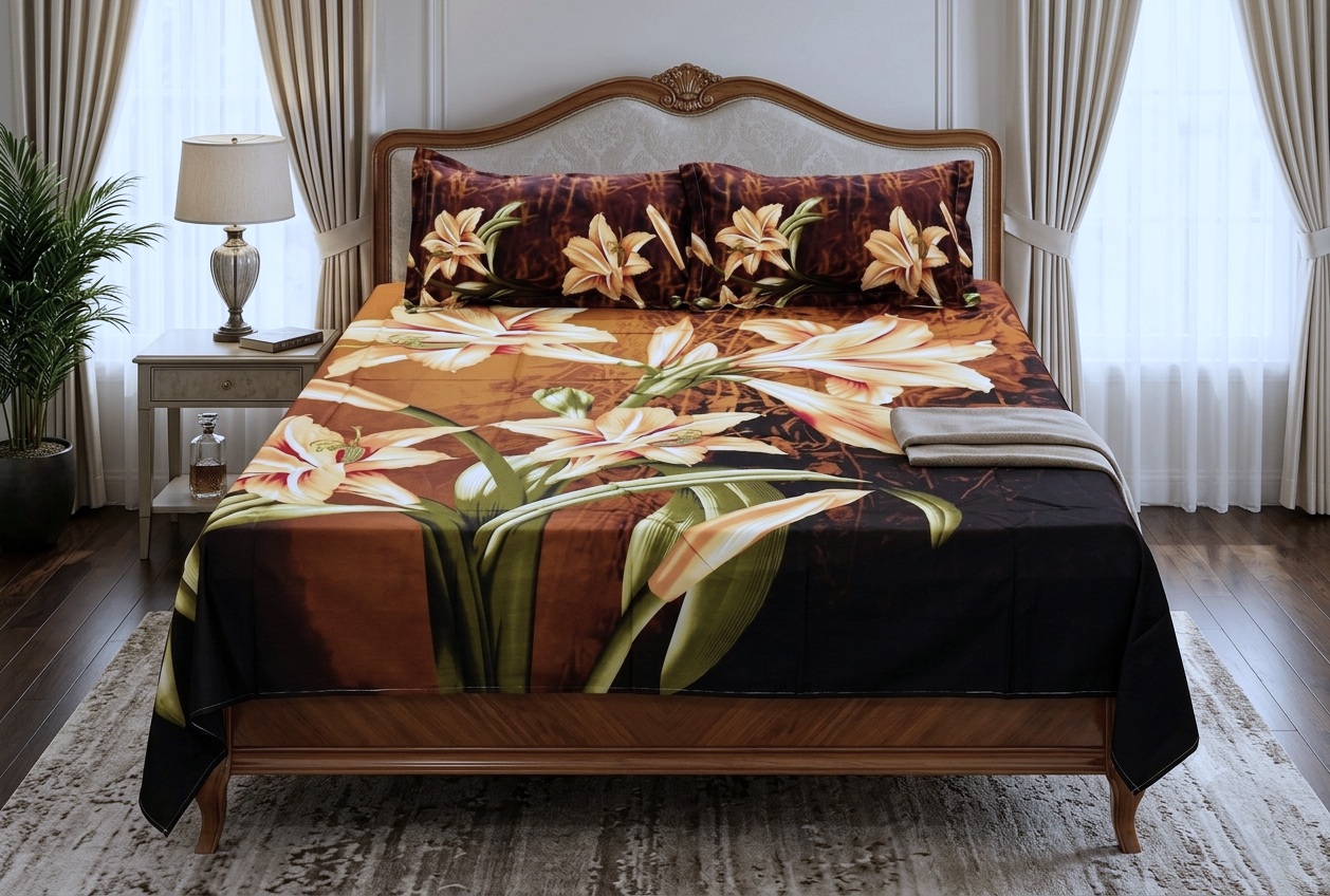King Size Floral Printed Bedsheet with 2 Pillow Covers |  Comfortable Bed Sheet Set | Brown Lily Design