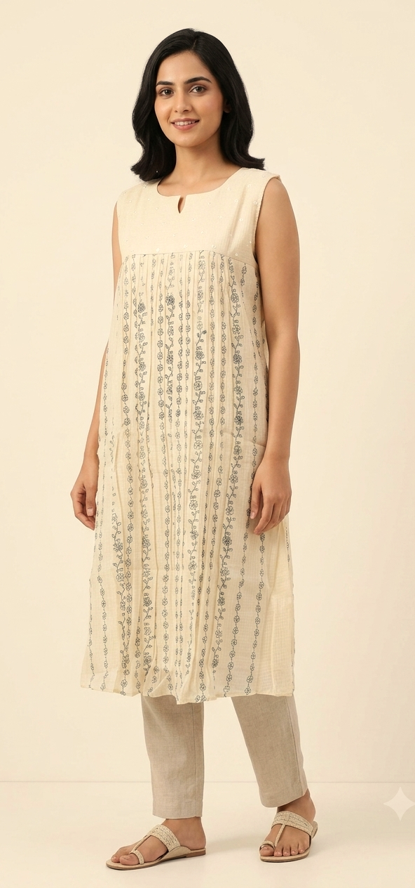 Women's Off-White Printed Sleeveless A-Line Cotton Top | Casual Flared Tunic