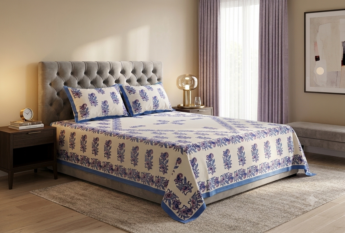 Queen Size Cotton Bedspread – Blue Floral Printed Design
