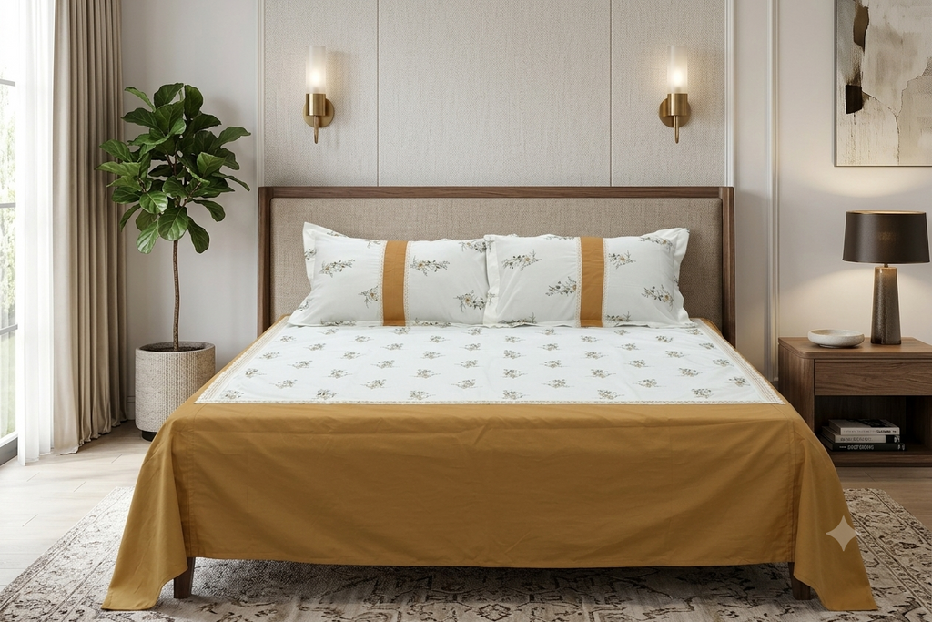 Elegant Floral King Size Bedspread Set – White & Mustard | 100" x 100"