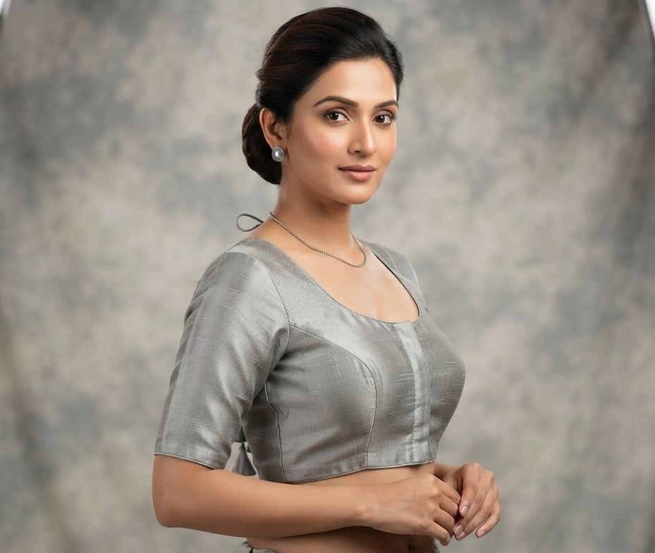 Women's Chanderi Silk Front Open Saree Blouse | Readymade Padded Blouse | Grey |