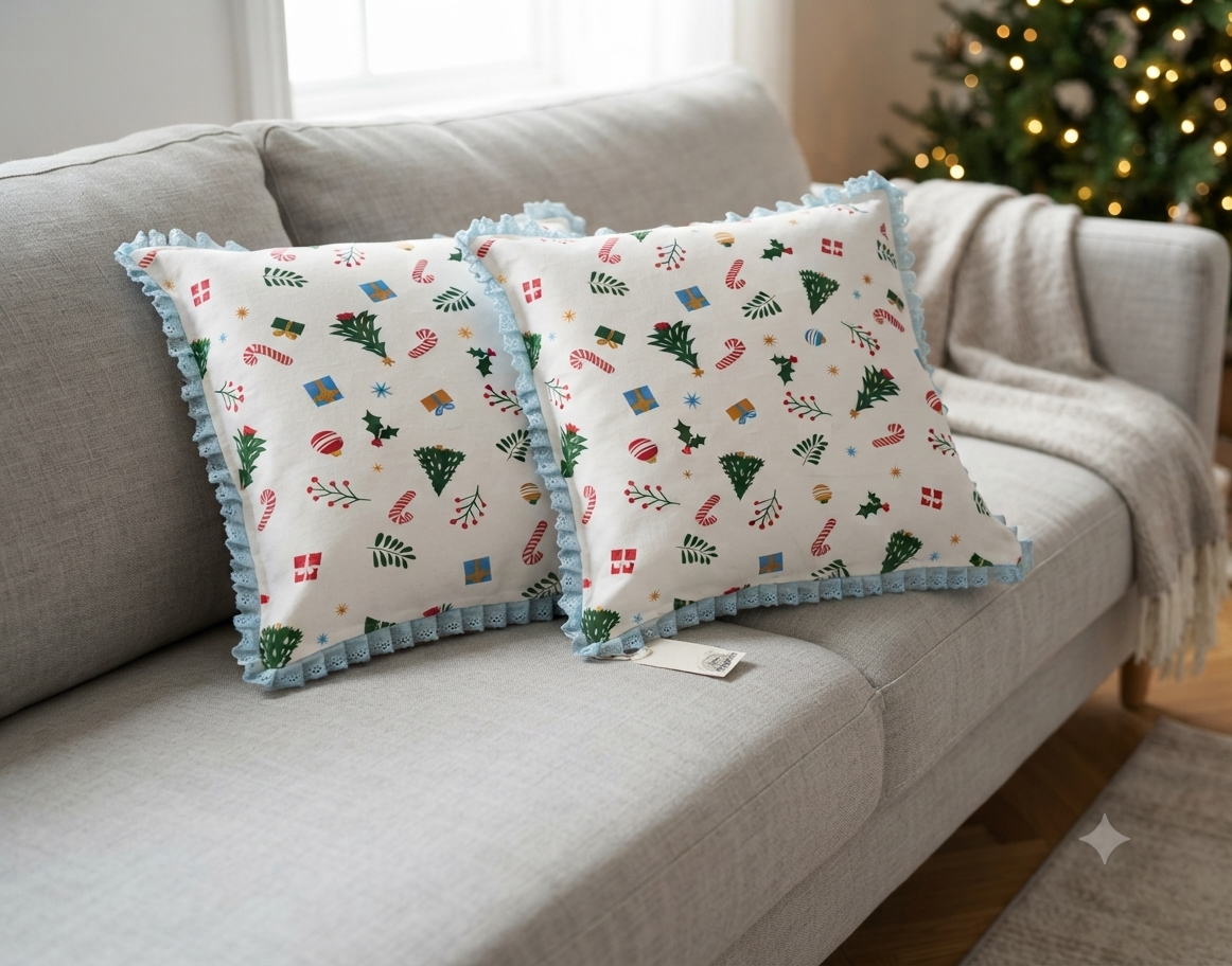 Christmas Printed Cushion Cover with Lace Border – 18 × 18 Inch
