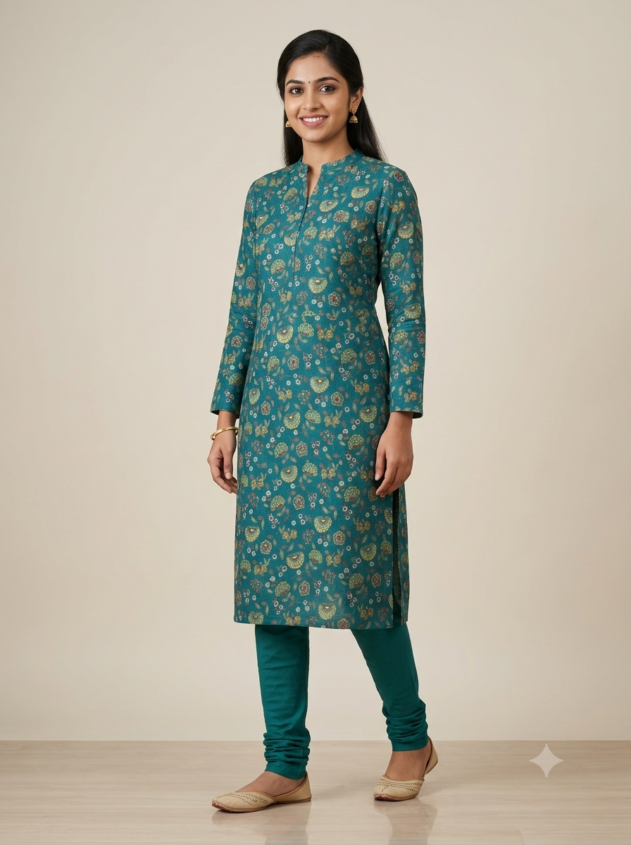 Elegant Teal Vatican Silk Printed Dress Material Set | Top & Bottom Fabric (56" Width)