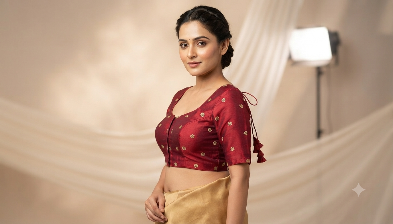 Women's Chanderi Silk Front Open Saree Blouse | Maroon with Gold Butti | Padded Ready-to-Wear Blouse