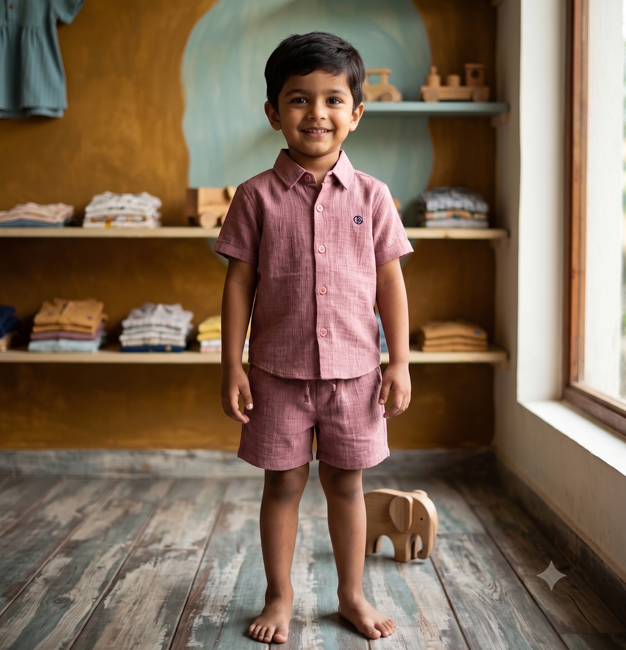 Boys Dusty Rose Cotton Co-ord Set – Half Sleeve Shirt & Shorts Outfit