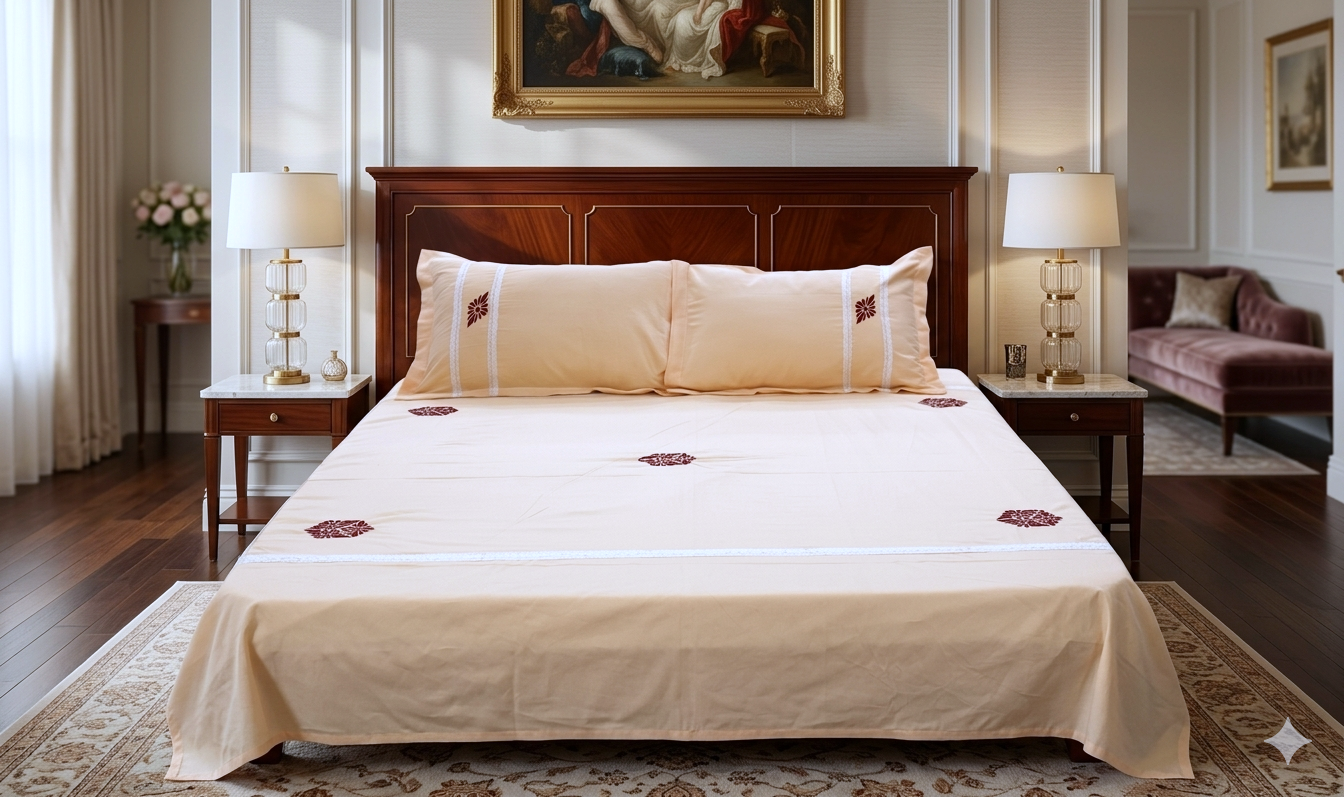 King Size Premium Embroidered Bedsheet Set with 2 Pillow Covers – Elegant Beige Floral Design