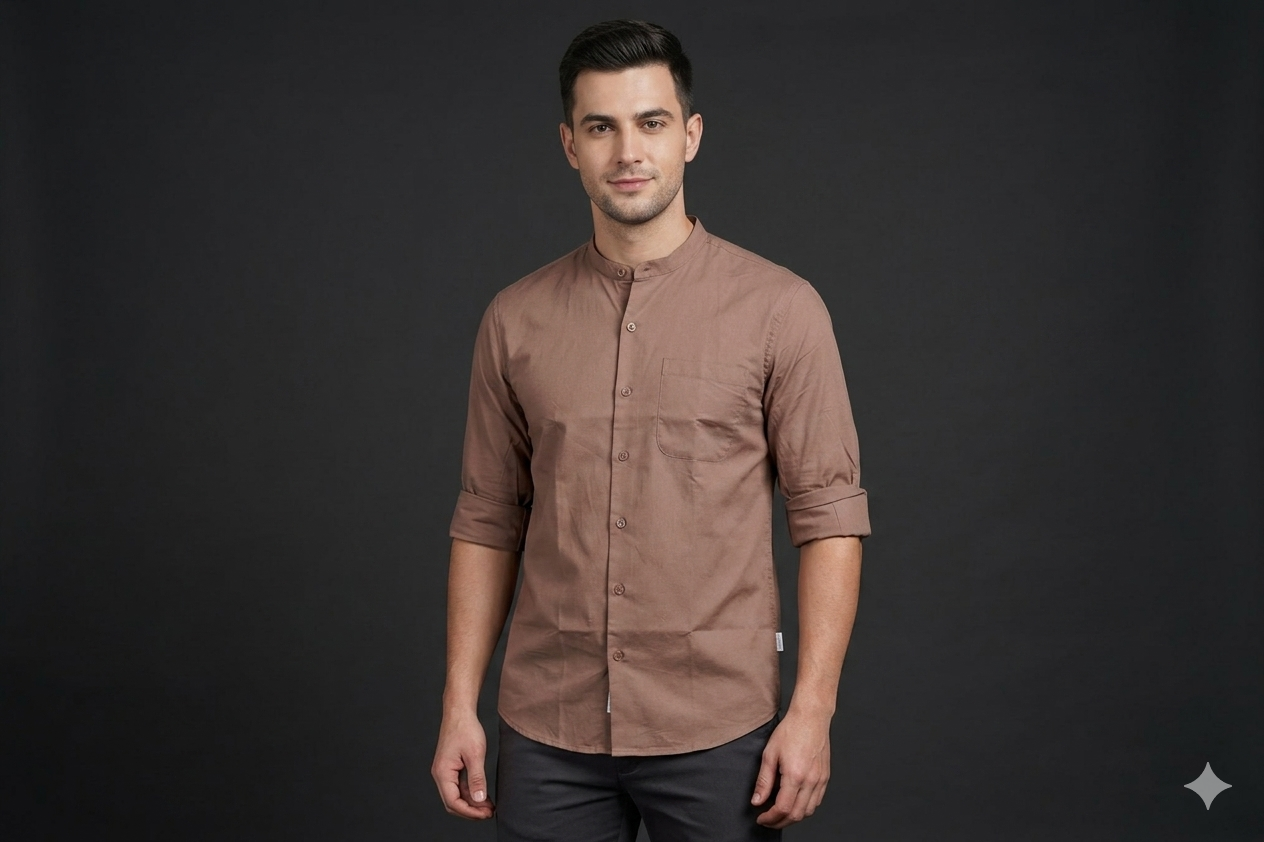 Men’s Solid Beige Casual Shirt –full Sleeve Mandarin Collar
