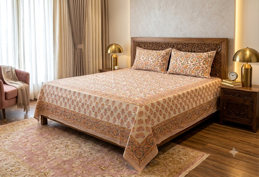 Queen Size Cotton Bedspread 90 × 100 Inches – Floral Printed Traditional Design
