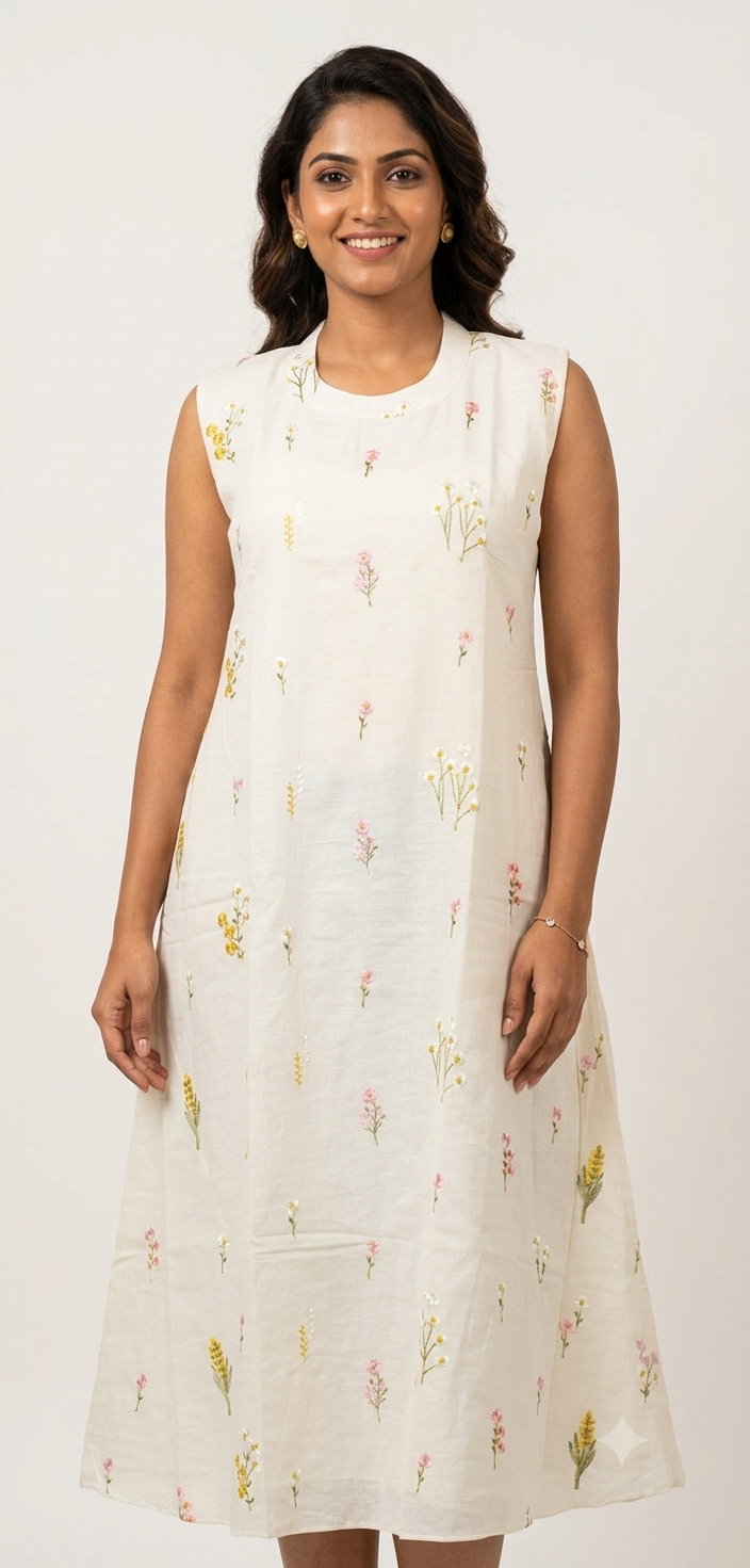 Women's Floral Embroidered Sleeveless Churidar Top | Cotton Blend Kurti Top | Top Only | Sleeve Fabric Included