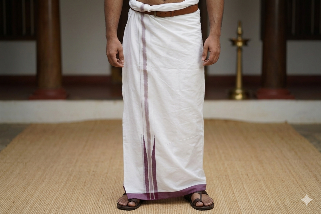 Premium Cotton Double Mundu with Maroon Kasavu Border