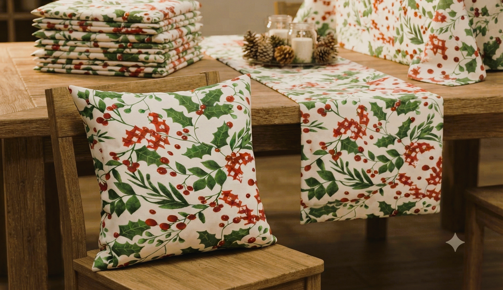 Christmas Holly & Berry Printed Fabric Running Material – 60 Inch Wide | Table Cloth, Table Runner & Cushion Cover Fabric