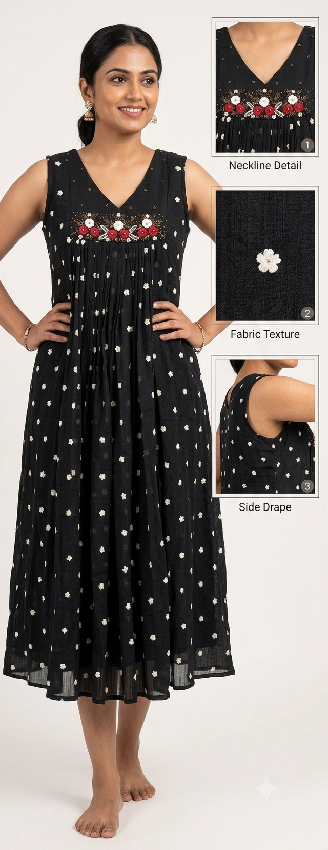 Women's Mull Chiffon Embroidered Churidar Top – Black Floral V-Neck Sleeveless Kurti (Top Only)