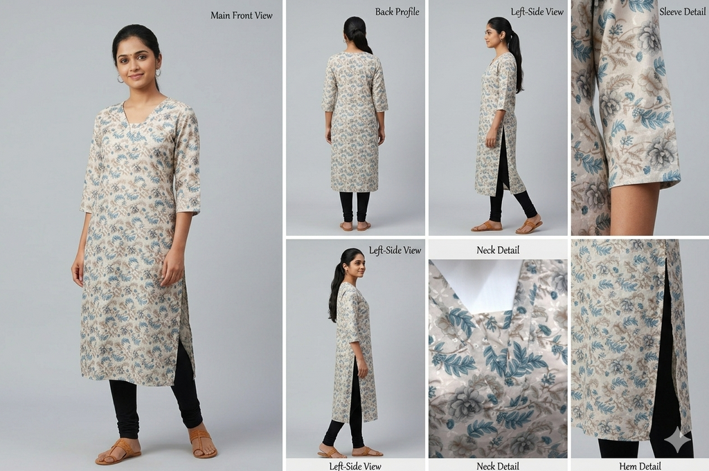 Elegant Beige Floral Print Flared Kurthi – Soft Cotton Blend | 3/4 Sleeve Casual Wear