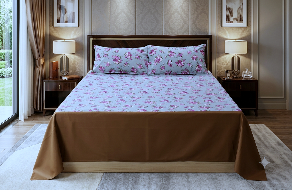 King Size Floral Cotton Bedsheet with 2 Pillow Covers | Light Blue & Pink Rose Print |