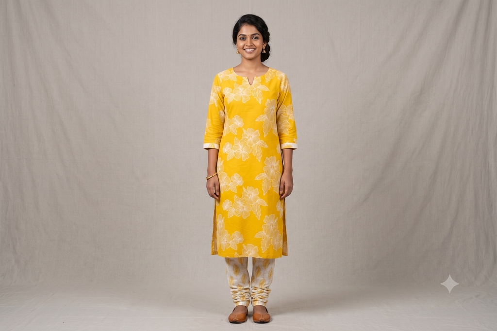 Mustard Yellow Floral Soft Cotton Dress Material Set | Top & Bottom Fabric | 44" Width