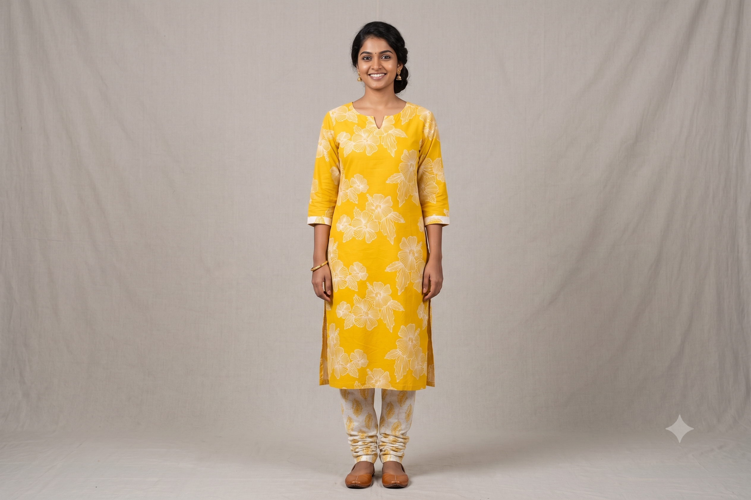 Mustard Yellow Floral Soft Cotton Dress Material Set | Top & Bottom Fabric | 44" Width