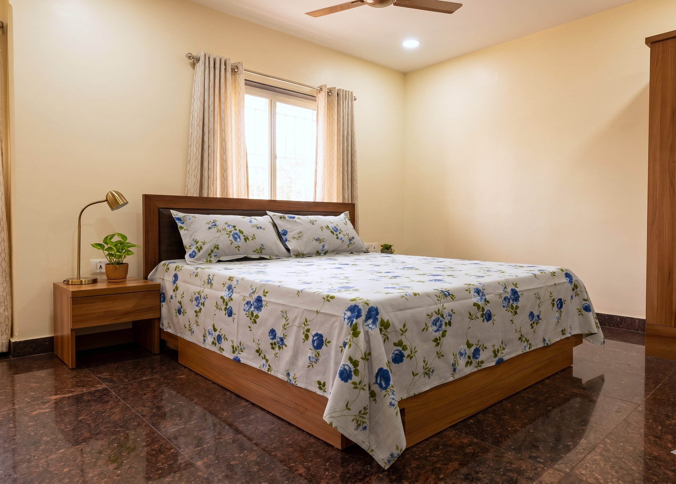 Blue Rose Floral Queen Size Bedsheet with Pillow Covers – Soft Cotton Blend Double Bedsheet