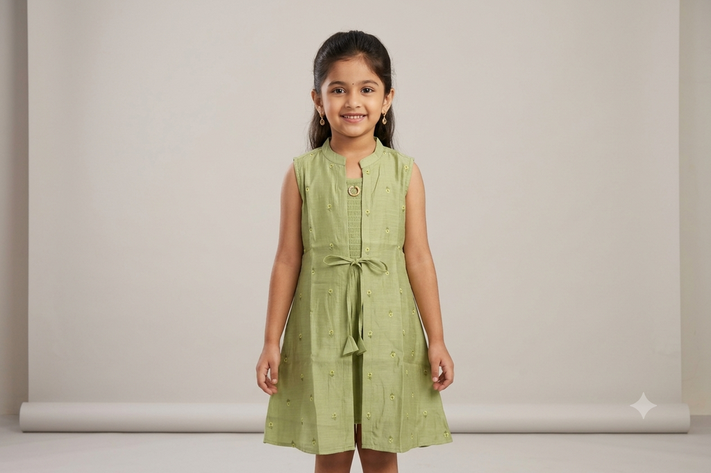 Girls’ Light Green Embroidered Anarkali Frock with Inner Sleeve