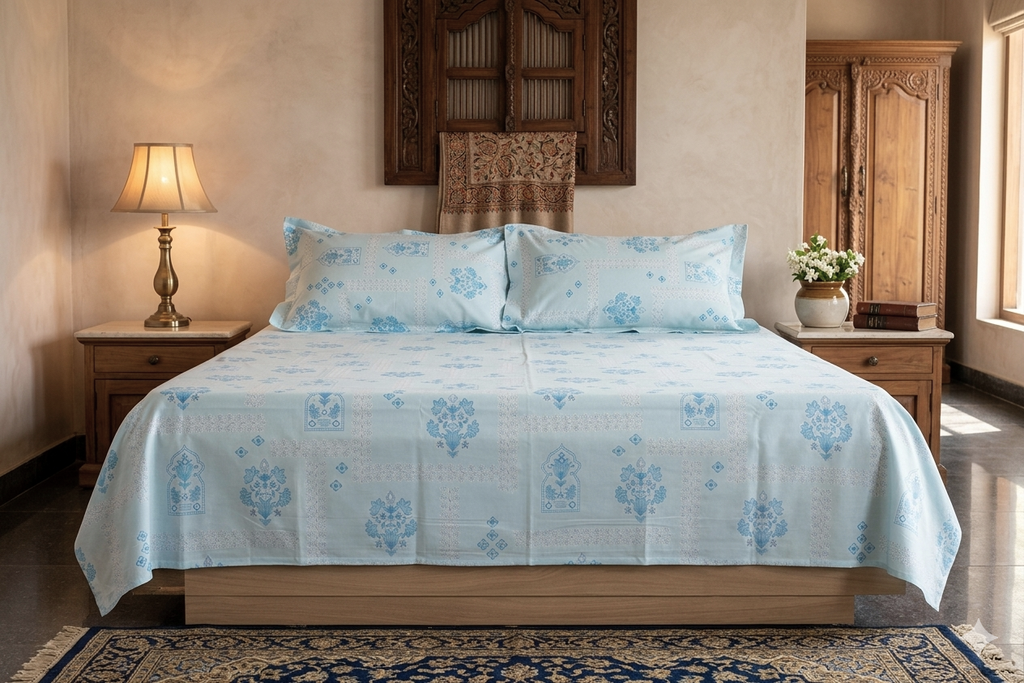 Elegant Sky Blue Floral Queen Size Bedsheet with 2 Pillow Covers – Soft &amp; Comfortable Cotton Blend