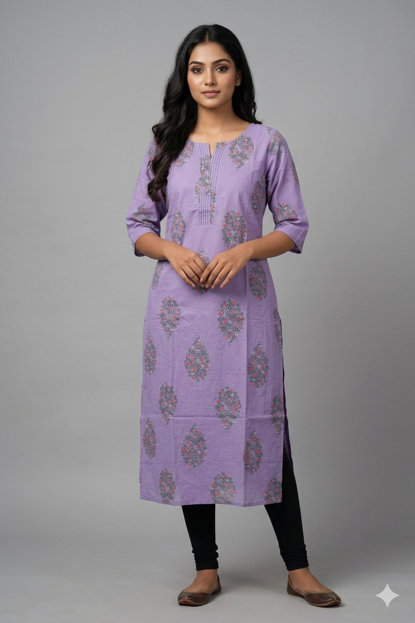 Lavender Floral Block Print Cotton Kurti Top with Pintuck Neckline