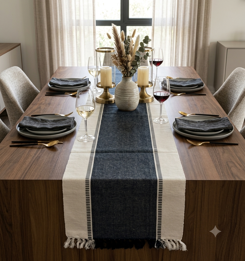 Navy Blue & White Cotton Table Runner with Tassel Fringe – 1.90 M x 40 cm