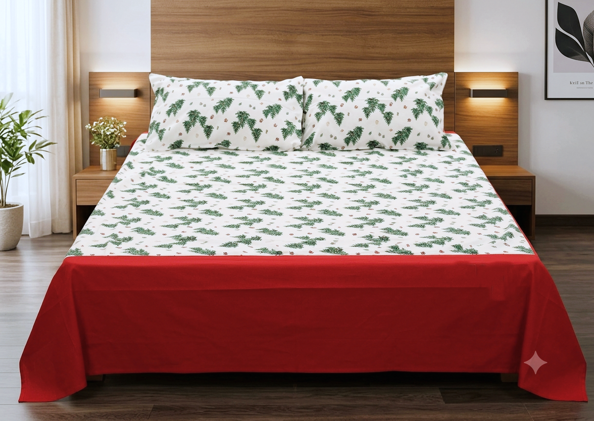 King Size Cotton Bedspread – Green Botanical Print with Red Border | 100 × 110 Inches