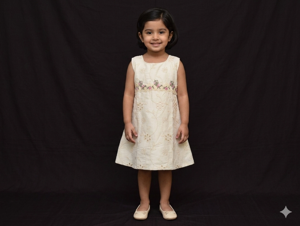 Cream Floral Embroidered Kids Frock