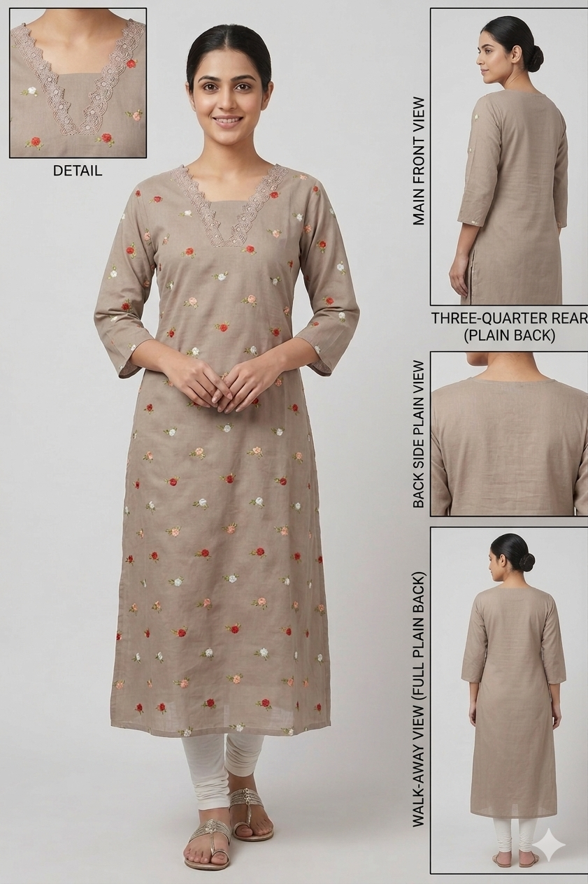 Elegant Beige Floral Flared Kurthi with Embroidered Neckline