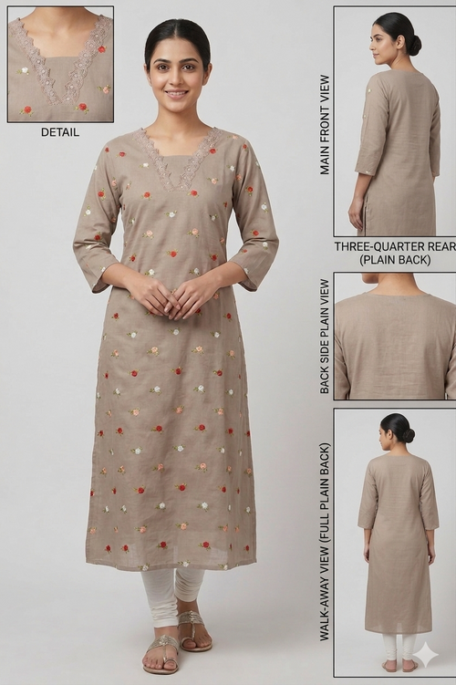 Elegant Beige Floral Flared Kurthi with Embroidered Neckline