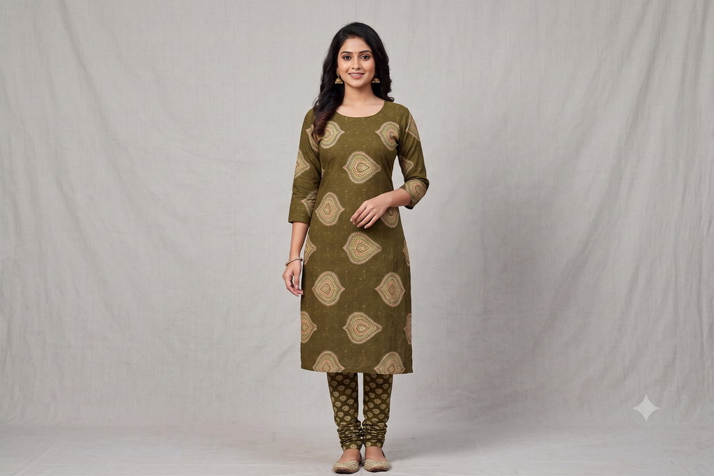 Olive Green Soft Cotton Printed Dress Material Set for Women | Top & Bottom Fabric (4.5 Meters)