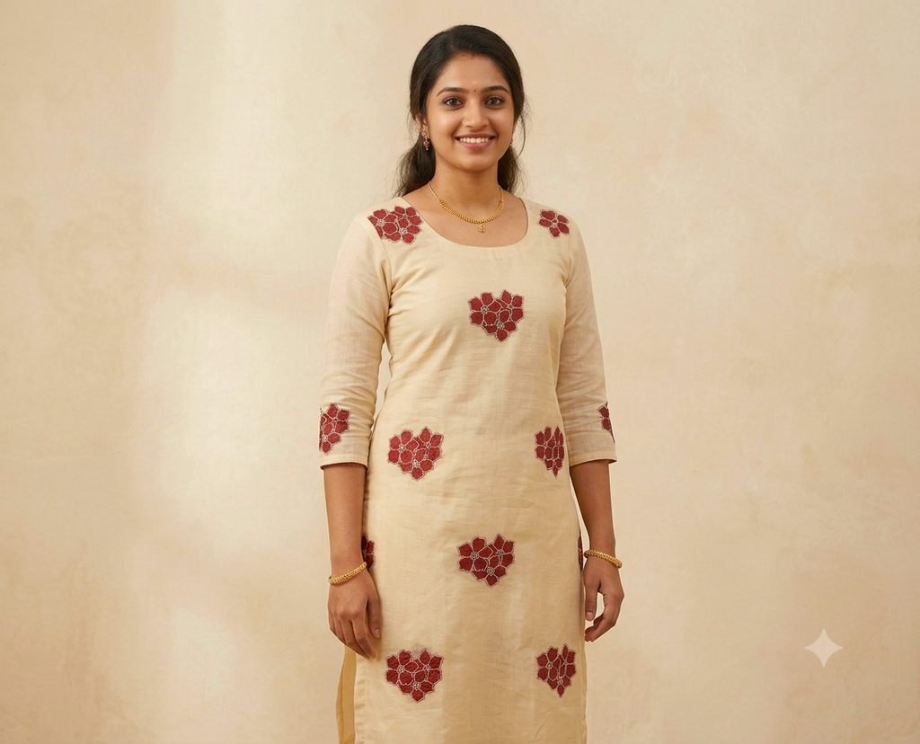 Mul Chandari Appliqué Work Dress Material for Women – Off White & Maroon Floral Design | 44 Inch Width&