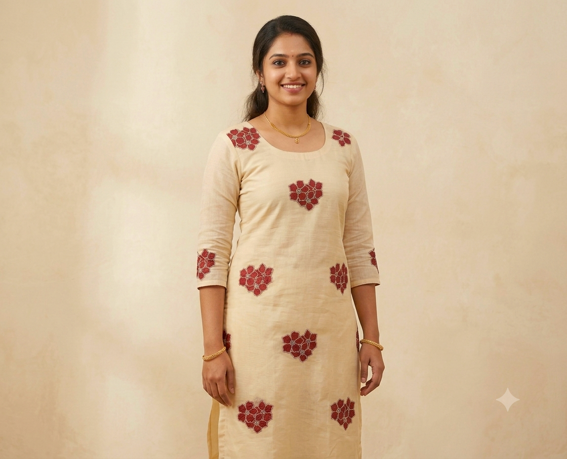 Mul Chandari Appliqué Work Dress Material for Women – Off White & Maroon Floral Design | 44 Inch Width&