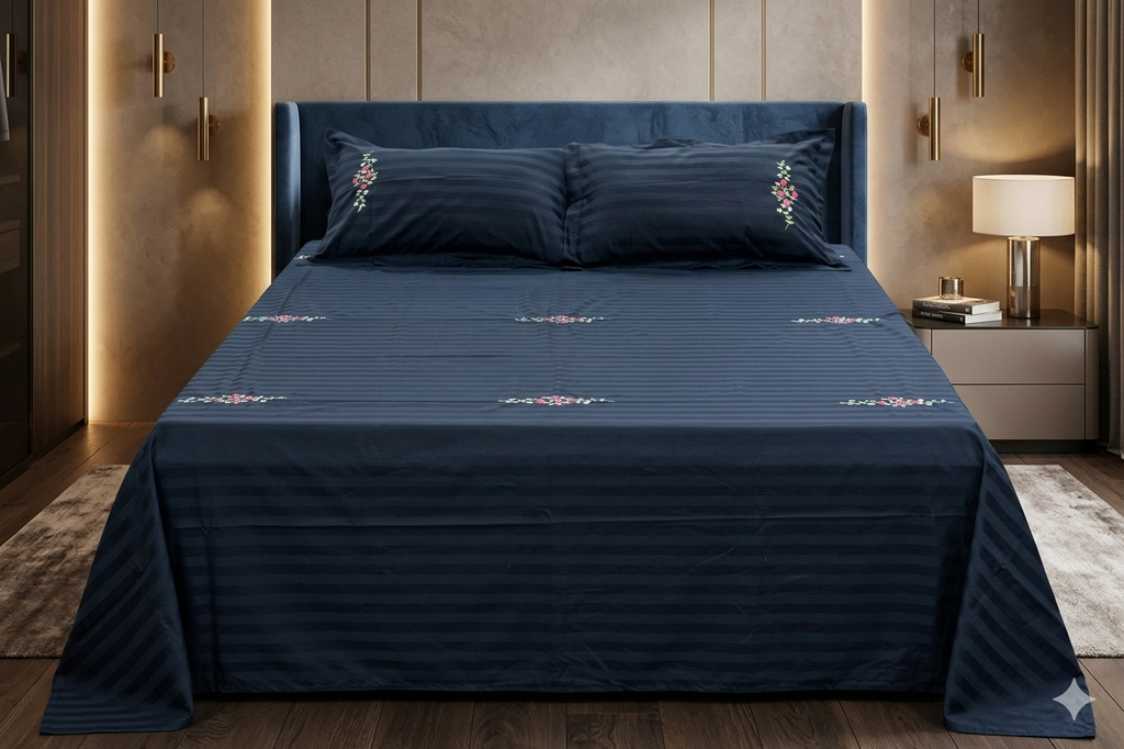 Elegant Navy Blue Embroidered King Size Bedspread Set with Pillow Covers