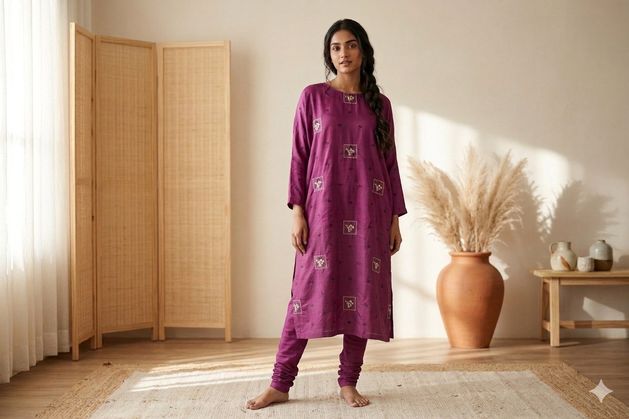 Berlin Silk Embroidered Dress Material Set for Women – Magenta | Top & Bottom Fabric | 56" Width