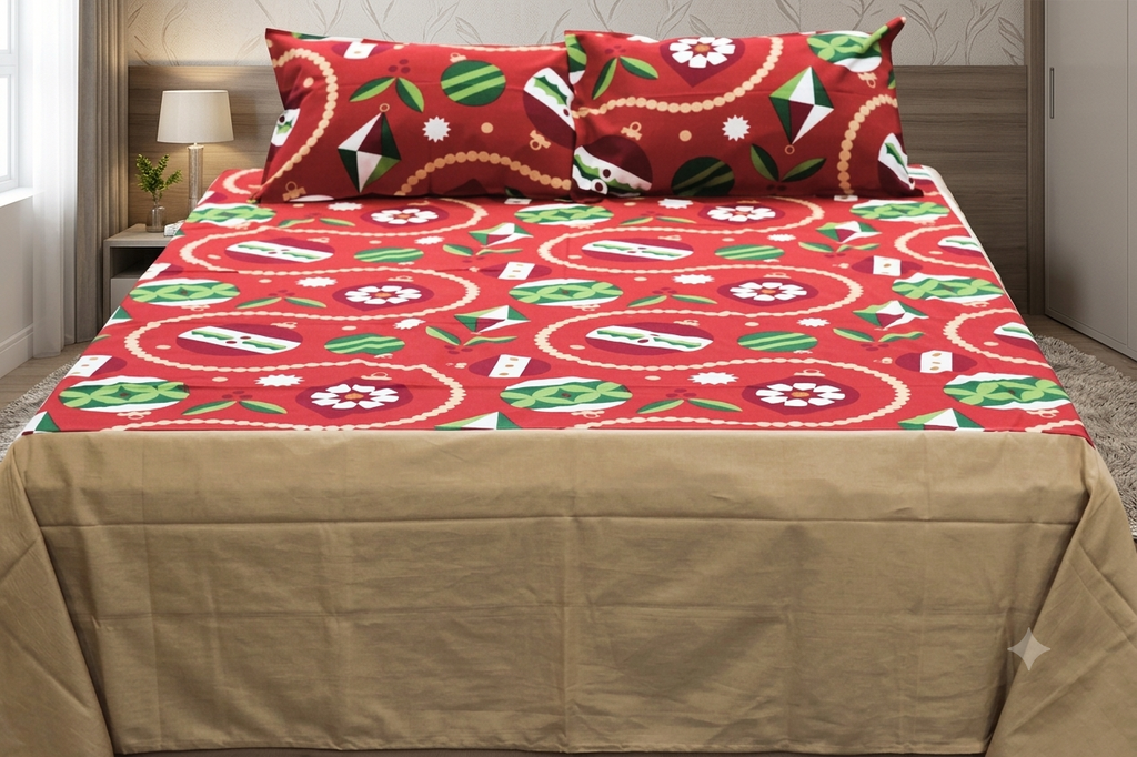 King Size Cotton Bedspread – Red Christmas Print | 100 × 110 Inches