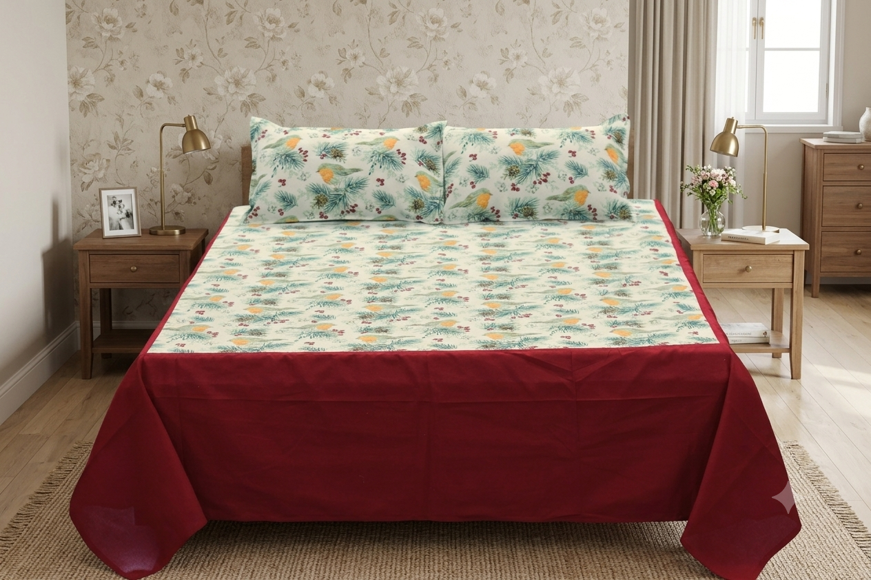 King Size Cotton Bedspread with 2 Pillow Covers | Floral & Bird Print | Maroon Border | Bedding