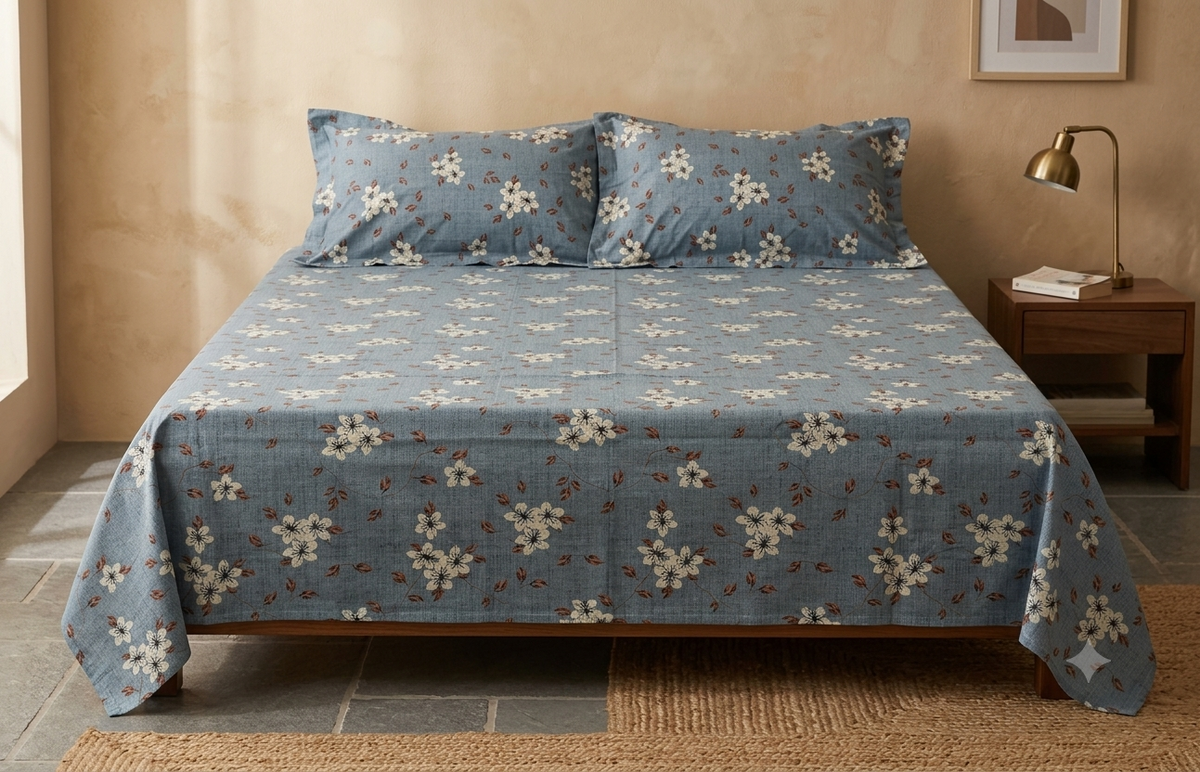 Queen Size Cotton Blend Floral Printed Bedsheet – Blue