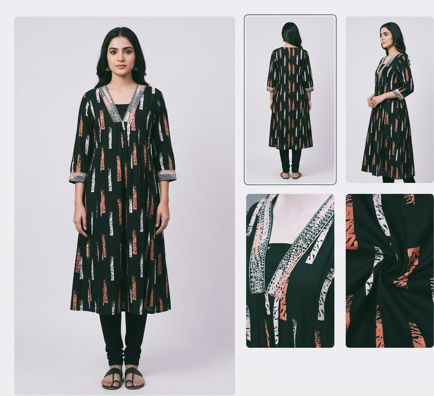 Dark Green Printed Churidar Top for Women – Embroidered V-Neck Casual Kurti