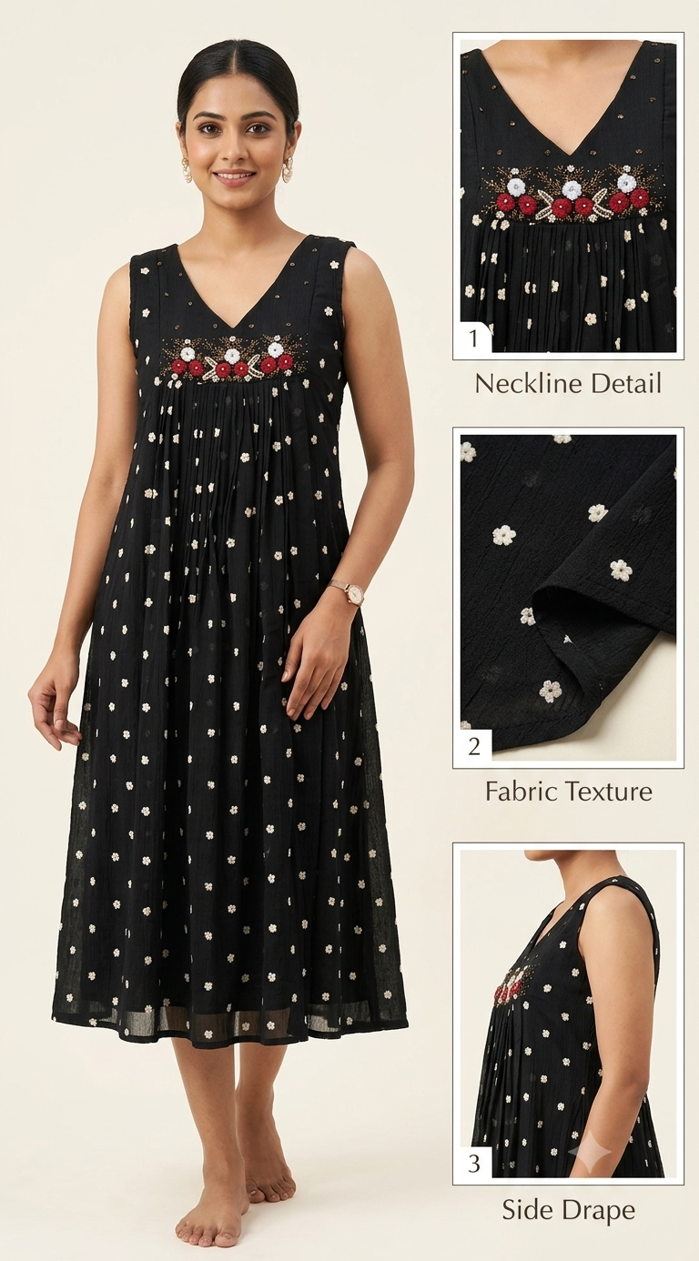 Women's Mull Chiffon Embroidered Churidar Top – Black Floral V-Neck Sleeveless Kurti (Top Only)