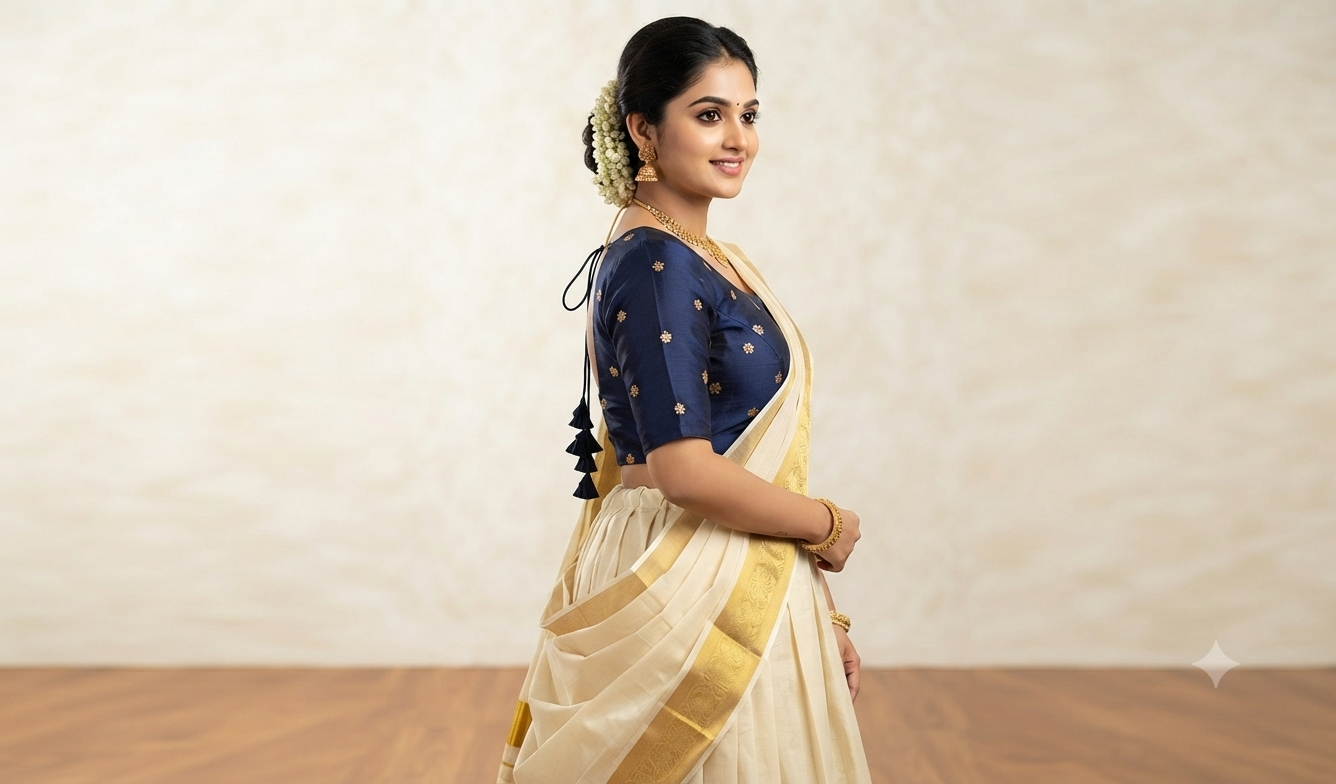 Navy Blue Chanderi Silk Front Open Saree Blouse | Readymade Designer Blouse with Elbow Sleeves