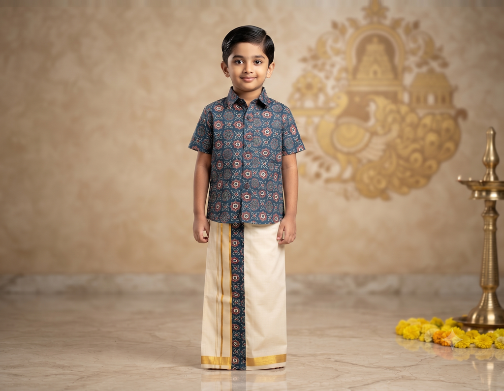 Kids Onam Shirt & Kasavu Dhoti Combo Set – Navy Blue Printed Cotton Shirt with Traditional Kerala Mundu