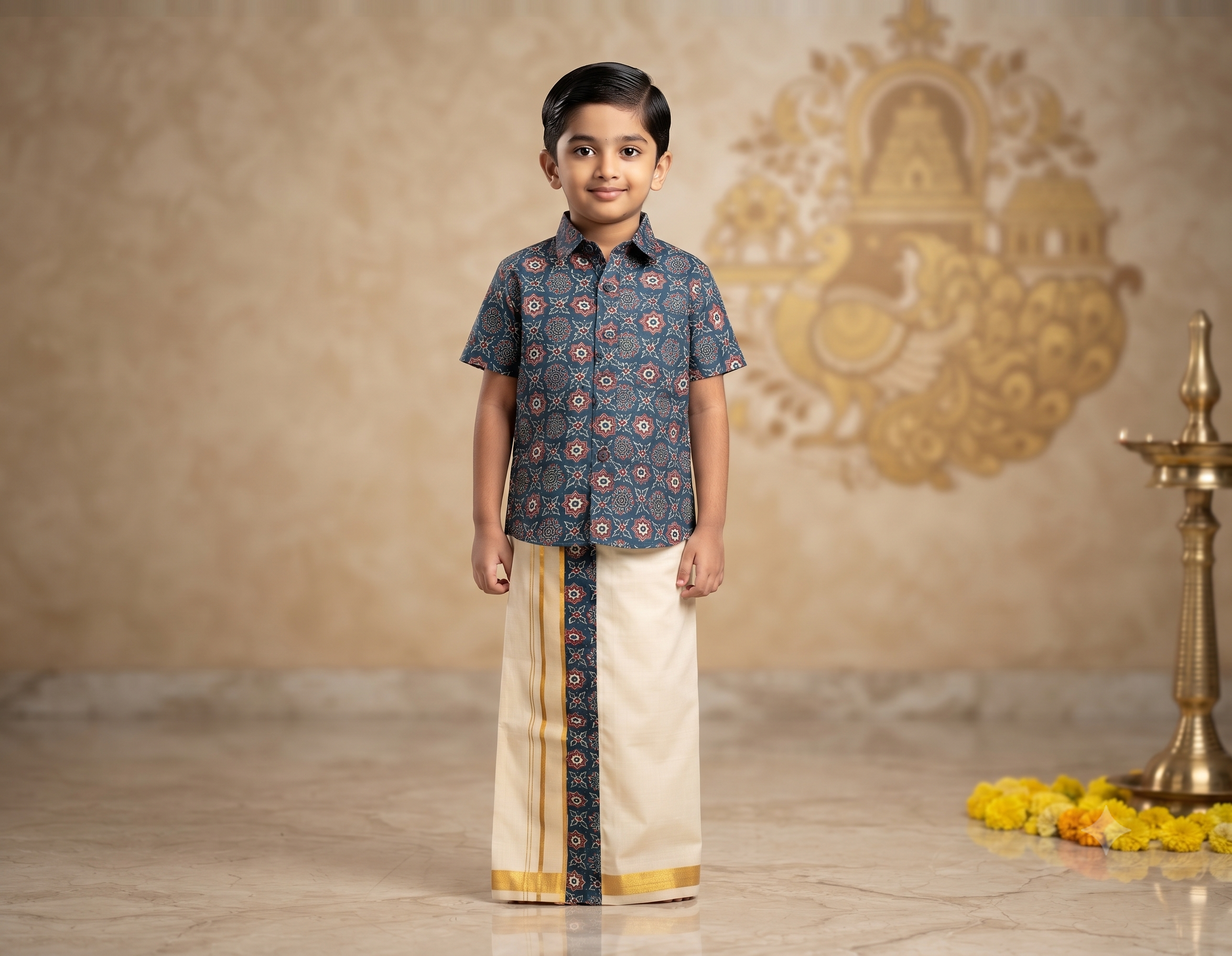 Kids Onam Shirt & Kasavu Dhoti Combo Set – Navy Blue Printed Cotton Shirt with Traditional Kerala Mundu