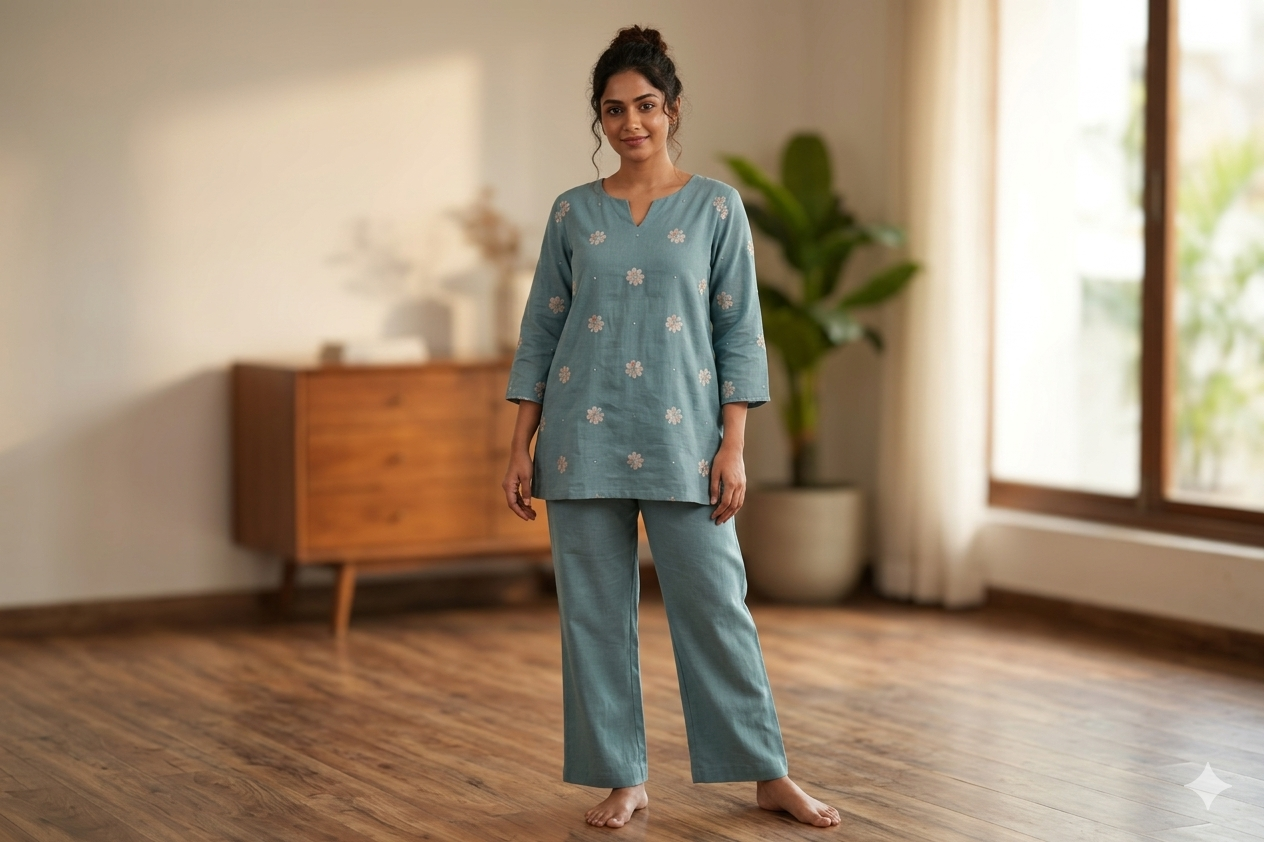 Sea Green Semi Linen Dress Material Set with Floral Embroidery – 44" Width