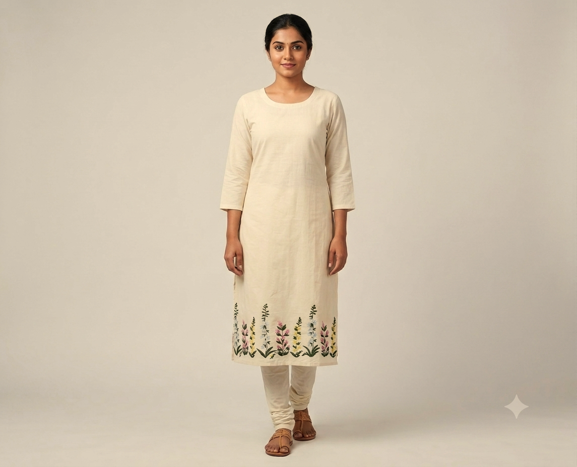 Premium Mul Cotton Embroidered Dress Material for Women – Off White Floral Embroidery | 44 Inch Width | 2.5 Meter (Top Fabric Only)